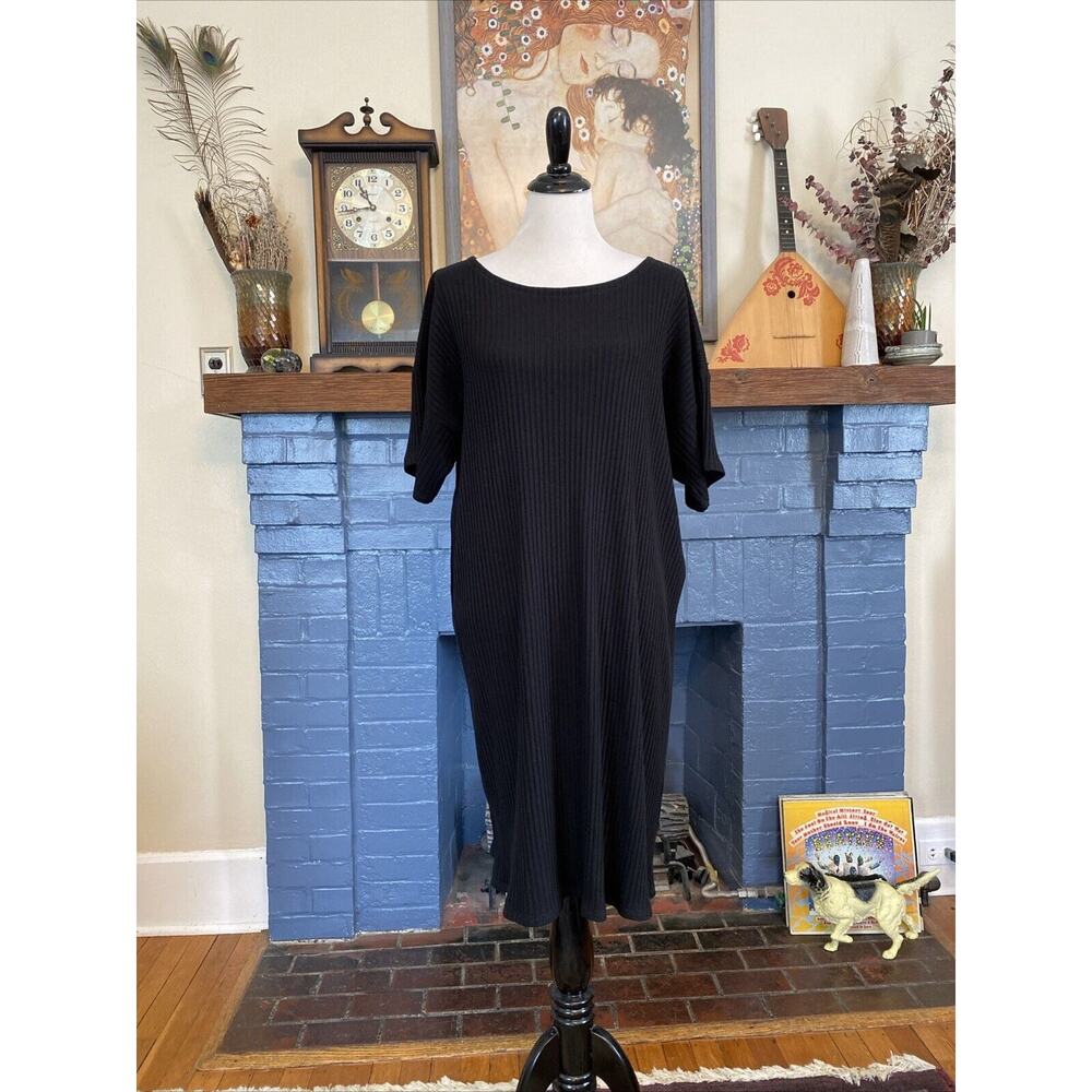 Eileen Fisher L Black Ribbed Bateau Dress Tencel Lyocell Cozy Oversized Midi